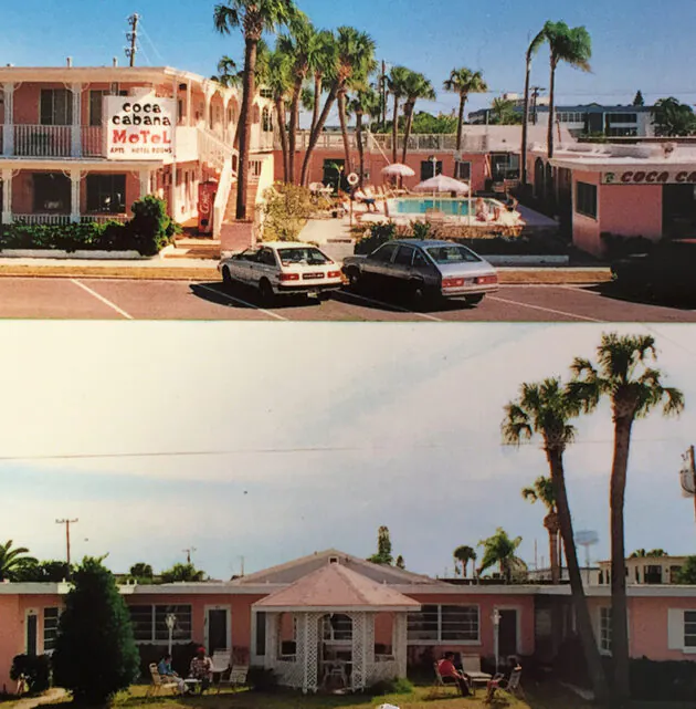 Two vintage pink motels with palm trees, a pool, and 90s-style cars. Signs read Hotel Cabana and Cabana Apartments & Laundry.